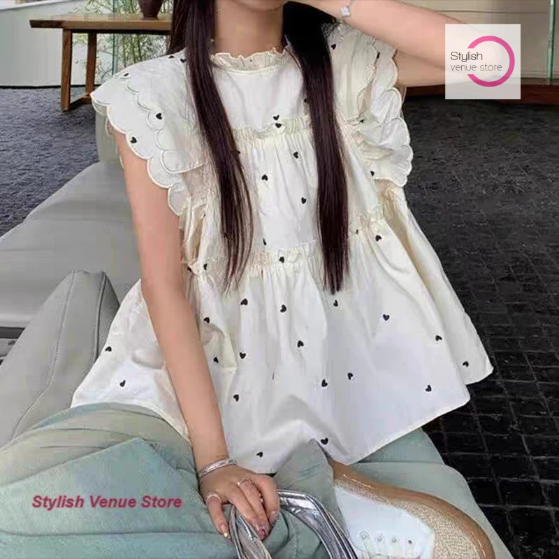 French flying sleeve sweet ins design polka-dot shirt women's summer new fashion plus size loose bubble sleeve slim top