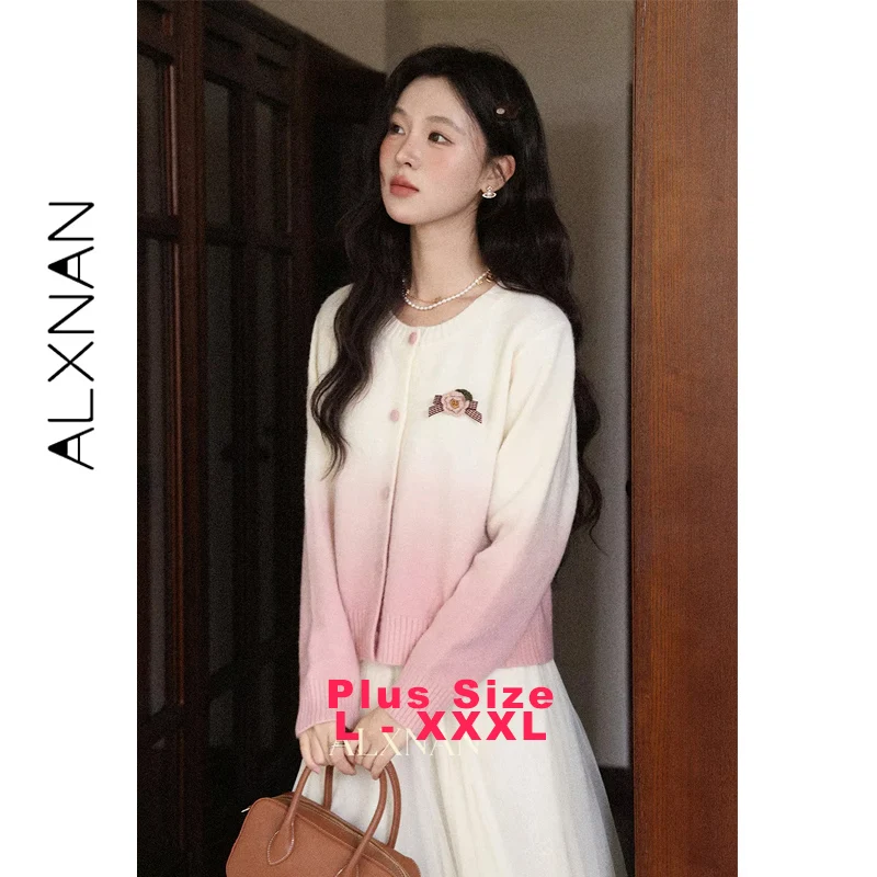 

ALXNAN Розовый вязаный кардиган больших размеров с градиентом, женский свитер с круглым вырезом и 3d цветочным дизайном, теплые вязаные топы с длинными рукавами D13110