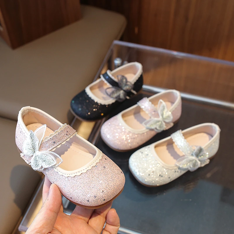 

Girls Bling Shoes 2024 New Fashion Spring Autumn Kids Children Wide Elegant Butterfly Knot Party Princess Soft Rubber Shoes Baby