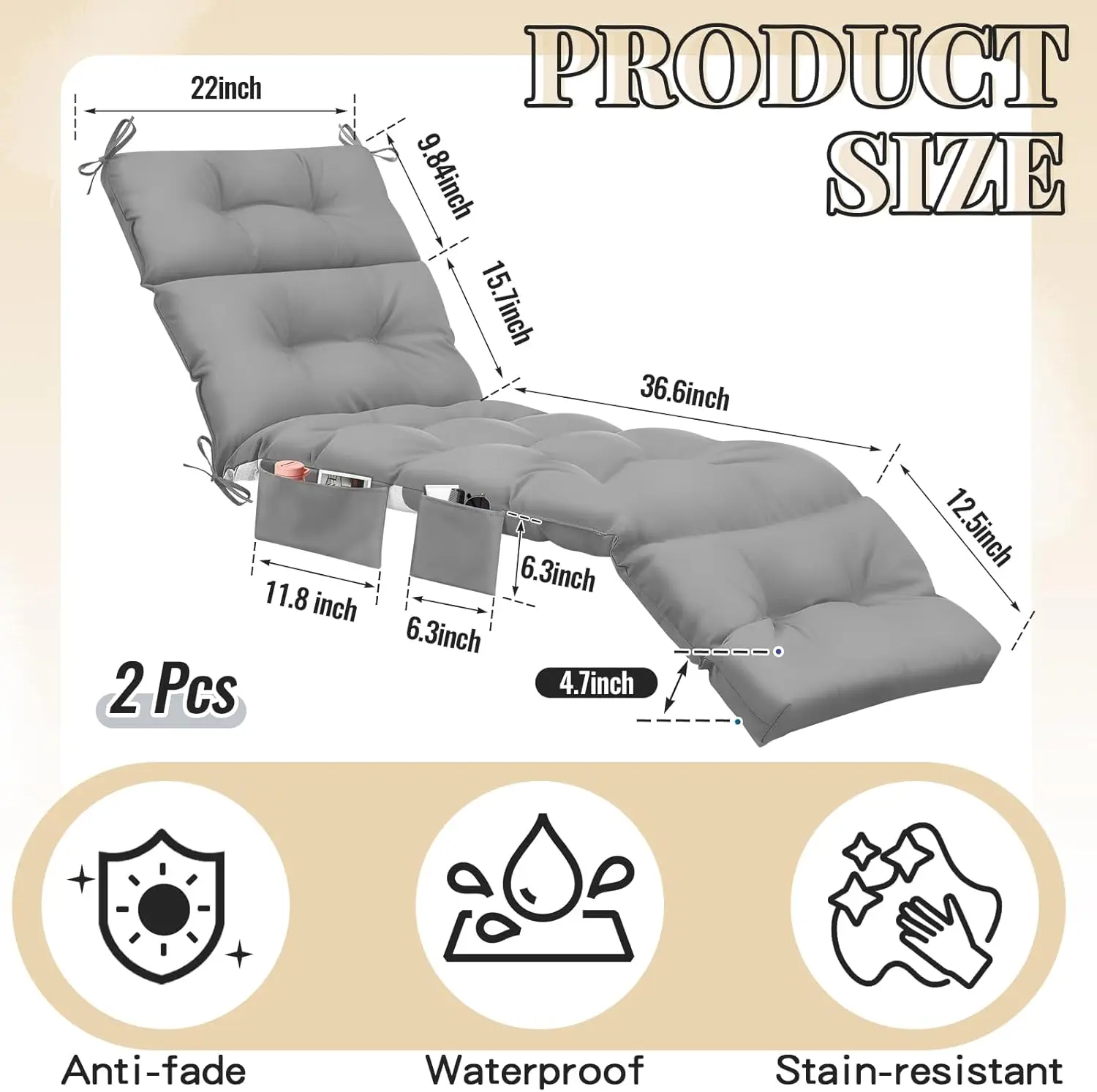 Indoor/Outdoor Patio Sunbathing Chaise Lounge Cushions in Light Gray, with Side Pocket and Tufted Design