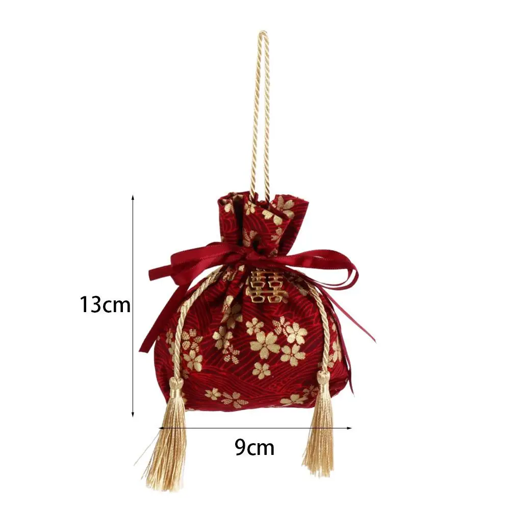 Sakura Canvas Flower Drawstring Bag Stripe Pearl Pendant Ribbon Bow Wrist Bag Festive Sugar Bag Satin Bow Wedding Candy Bag