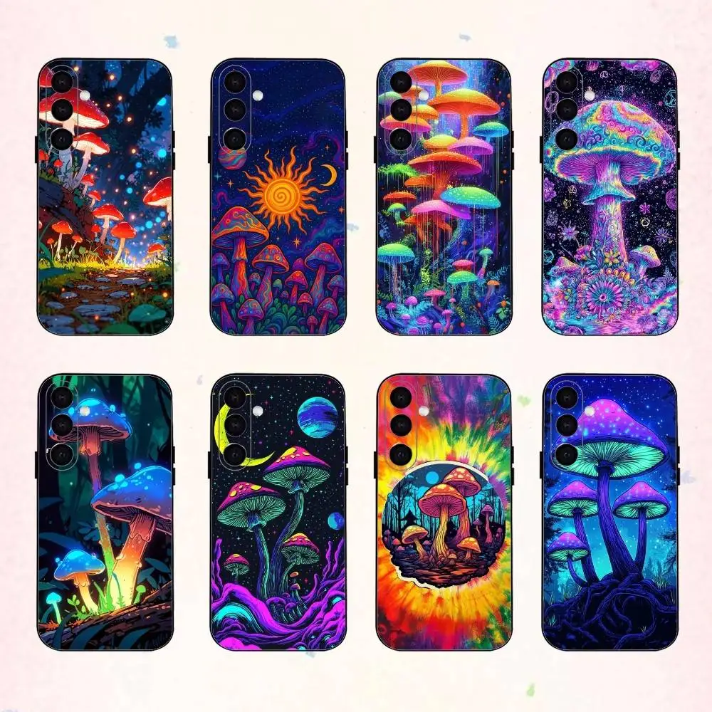 حافظة هاتف Trippy Art Mushroom لهاتف سامسونج جالاكسي A73، A72، A71، A70، A53، A52، A51، أخرى غلاف أسود ناعم #1