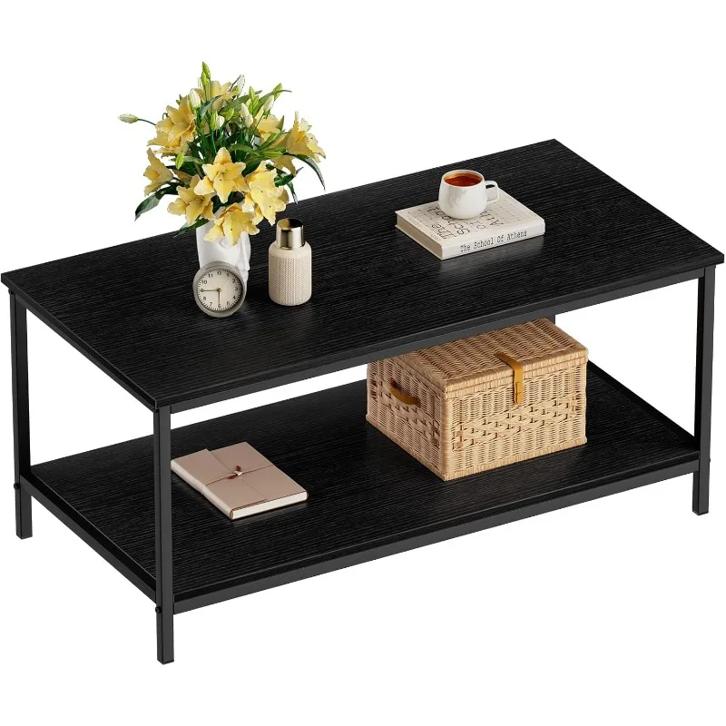 Black Coffee Table for Living Room Modern Rectangle 2-Tier Coffee Tables with Storage Industrial Wood Center Table for Large