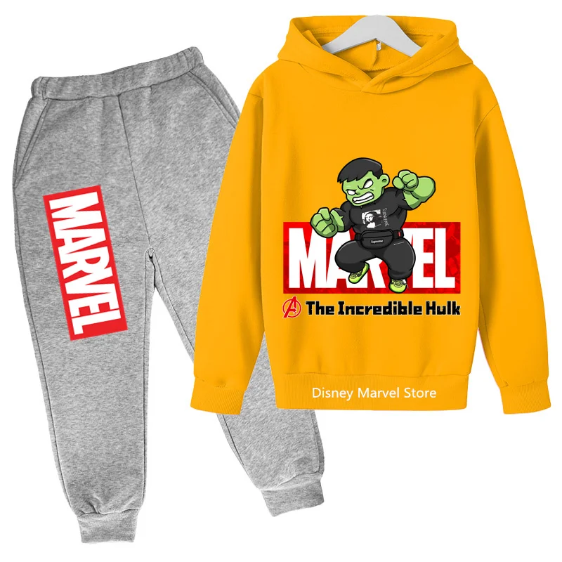 Marvel'S Q-Cute Hulk 2024 New Cartoon Print Hoodie Set For Kids' Spring Autumn Outdoor Adventures Pure Cotton Casual Stylish