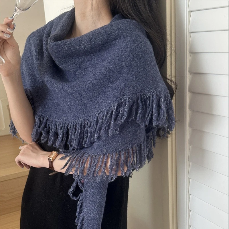 

Autumn and winter solid color versatile tassel triangle shawl for women's atmosphere and warm scarf