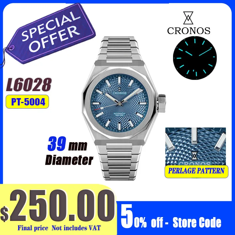 Cronos New Rhombus Perlage 39mm Dial PT5004 Miyota 90S5 Transparente Caseback Hombres Relojes de pulsera automáticos 10ATM Lumious