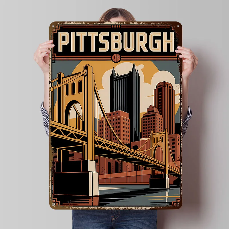 Pittsburgh Cityscape Art Deco Printed Poster Customized Retro Wall Art Vintage Metal Tin Signs for Home Aesthetic Room Decor Men