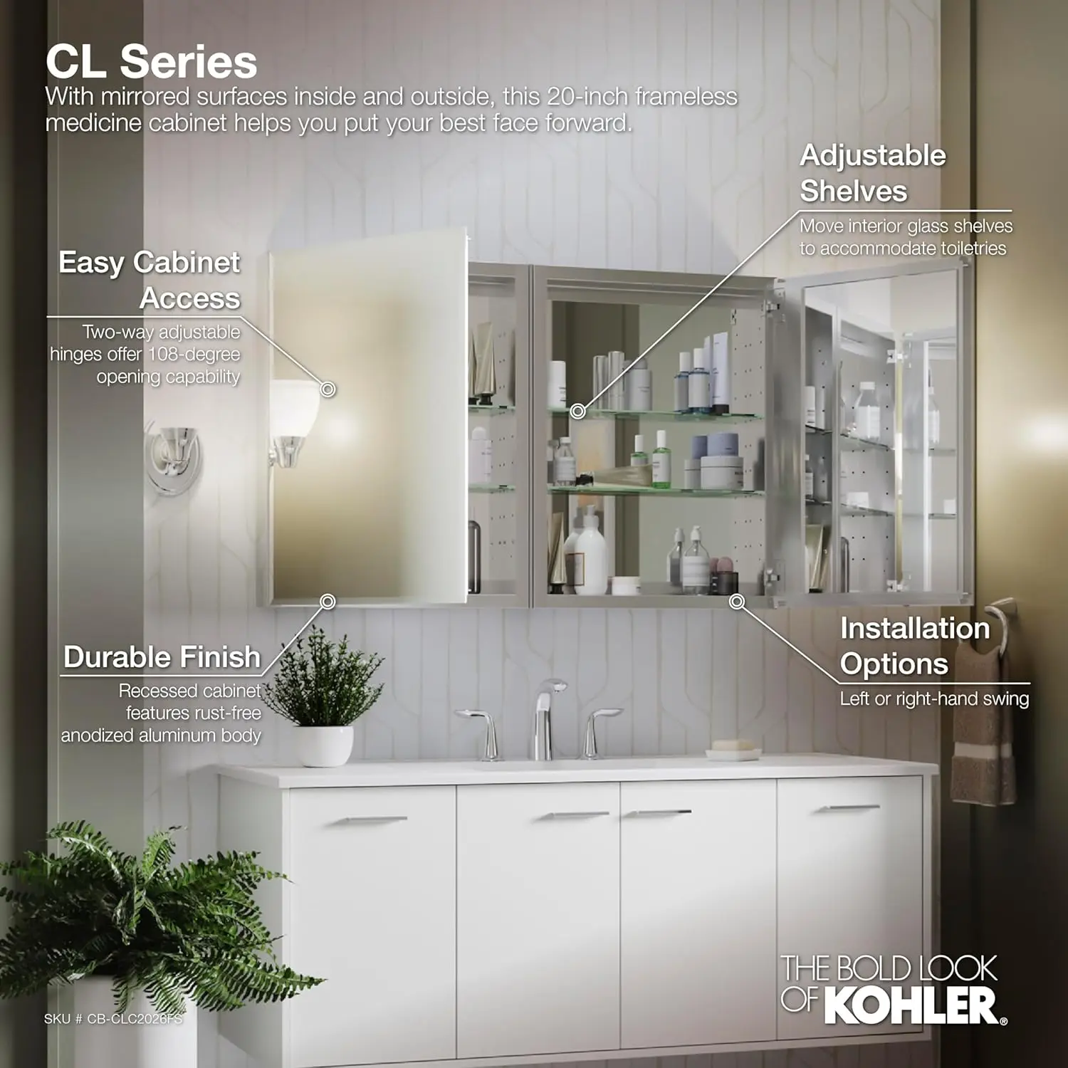 K-CB-CLC2026FS Beveled Medicine Cabinet with Mirror Door & Adjustable Shelves, Rectangular Beveled Edge Frame, 20" x 26"