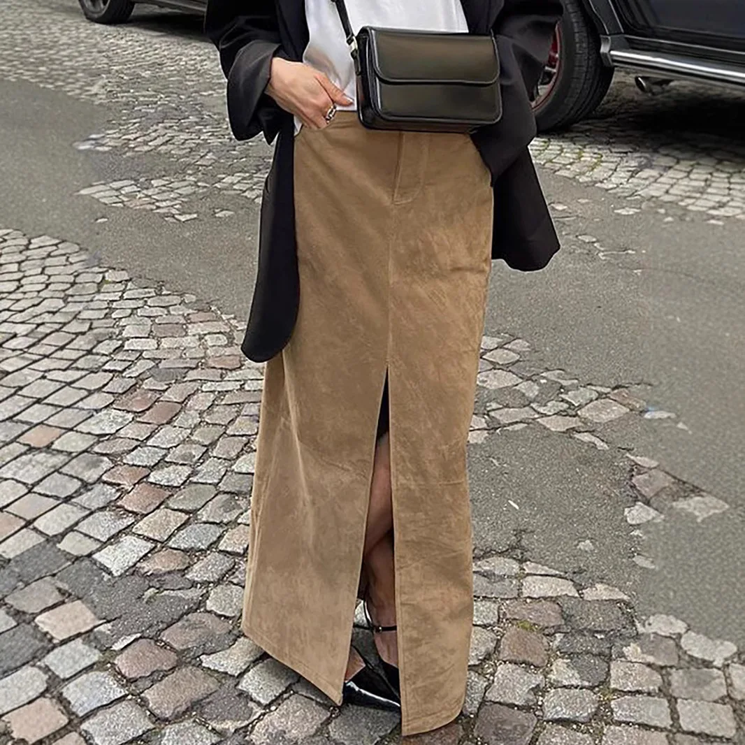 Nowa spódnica zamszowa w stylu vintage na jesień/zimę 2025 dla kobiet, elegancka, do pracy, brązowa, z rozcięciem, prosta spódnica garniturowa, długa spódnica z wysokim stanem.