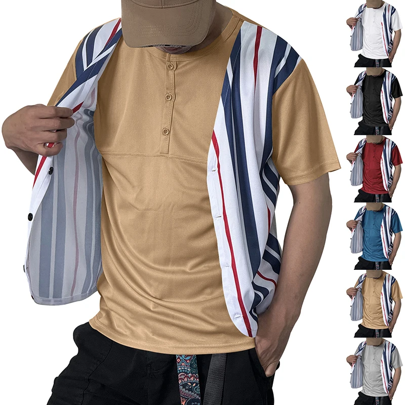 Amazon Summer men cross-border casual vertical stripes fake two slim shirt V-neck button Henry T-shirt