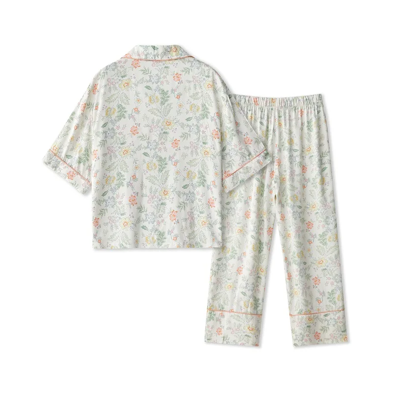 Summer Floral Fashion Viscose Women\'s Short Sleeve Generous Pajamas Sets  Ankle-Length Pants Loose Comfortable Sleepwear Suits