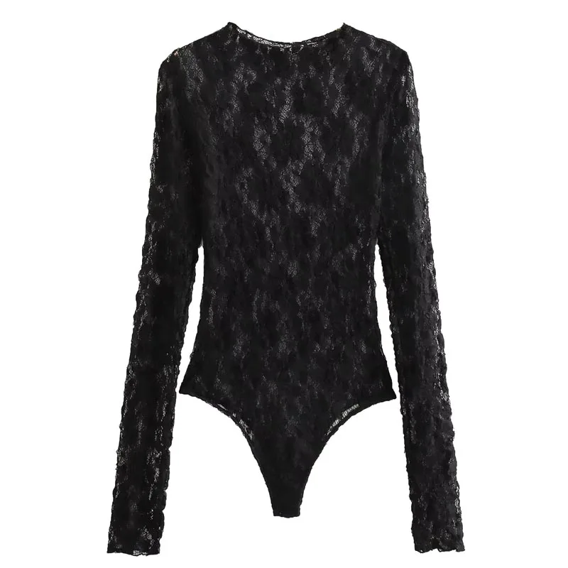 TRAF Lace Bodysuit Women\'s Bodysuit Auutmn Black Cutwork O-Neck Long Sleeves High Spandex Bodysuits Sexy Lingerie For Fine Women