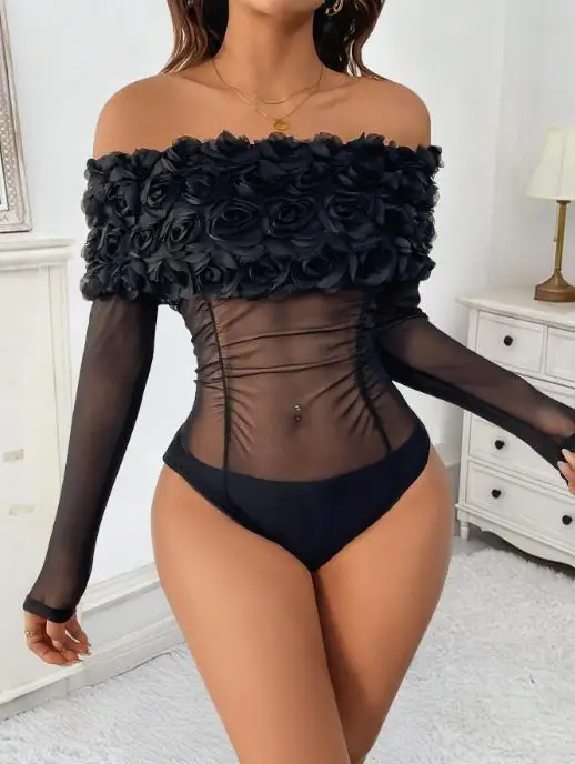 2025 جديد طويل الأكمام حفلة فتاة حار مثير منظور شبكة قبالة الكتف ثلاثية الأبعاد زهرة بلون ضيق بذلة