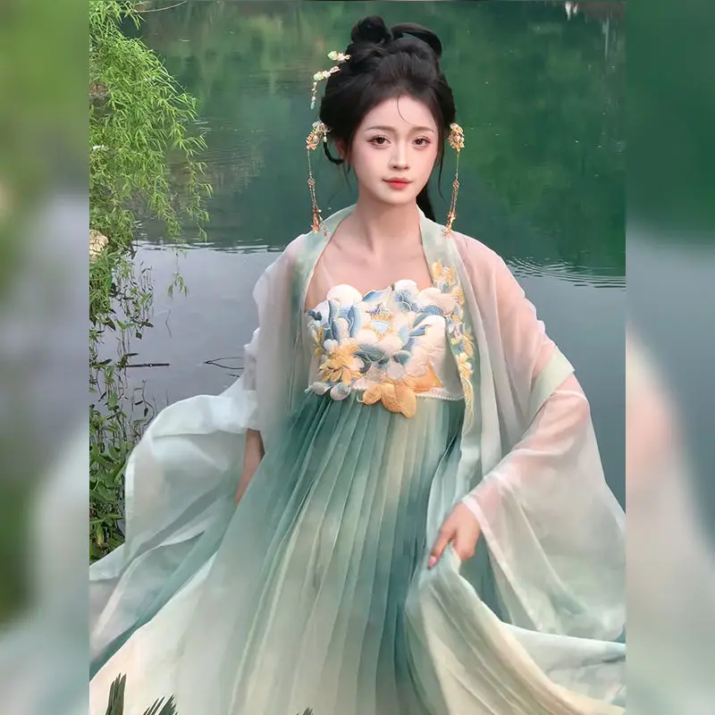 Tang Dynastie rosa grün Hanfu weibliche Chebula Rock große Ärmel Hemd Stickerei Frühling und Sommer Han Elemente nationalen Stil