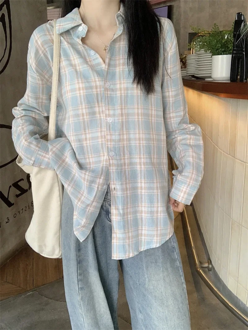 NICE Green Plaid Pure Cotton Long Sleeve Women's Casual Shirt Spring Summer Lazy Style Cover Up Sun Protection Polo Collar Korea