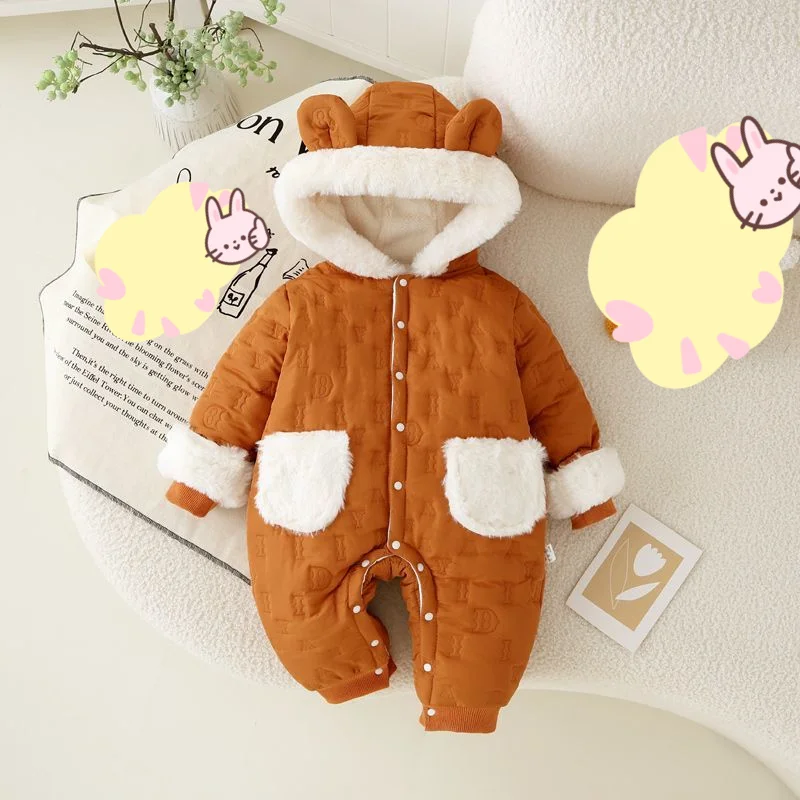 

Autumn Winter Boys Girls Baby Kawaii Bodysuit Baby Homewear Onesie Cotton-Padded Coat Fleece Lined Warm Thicken Kids Clothes