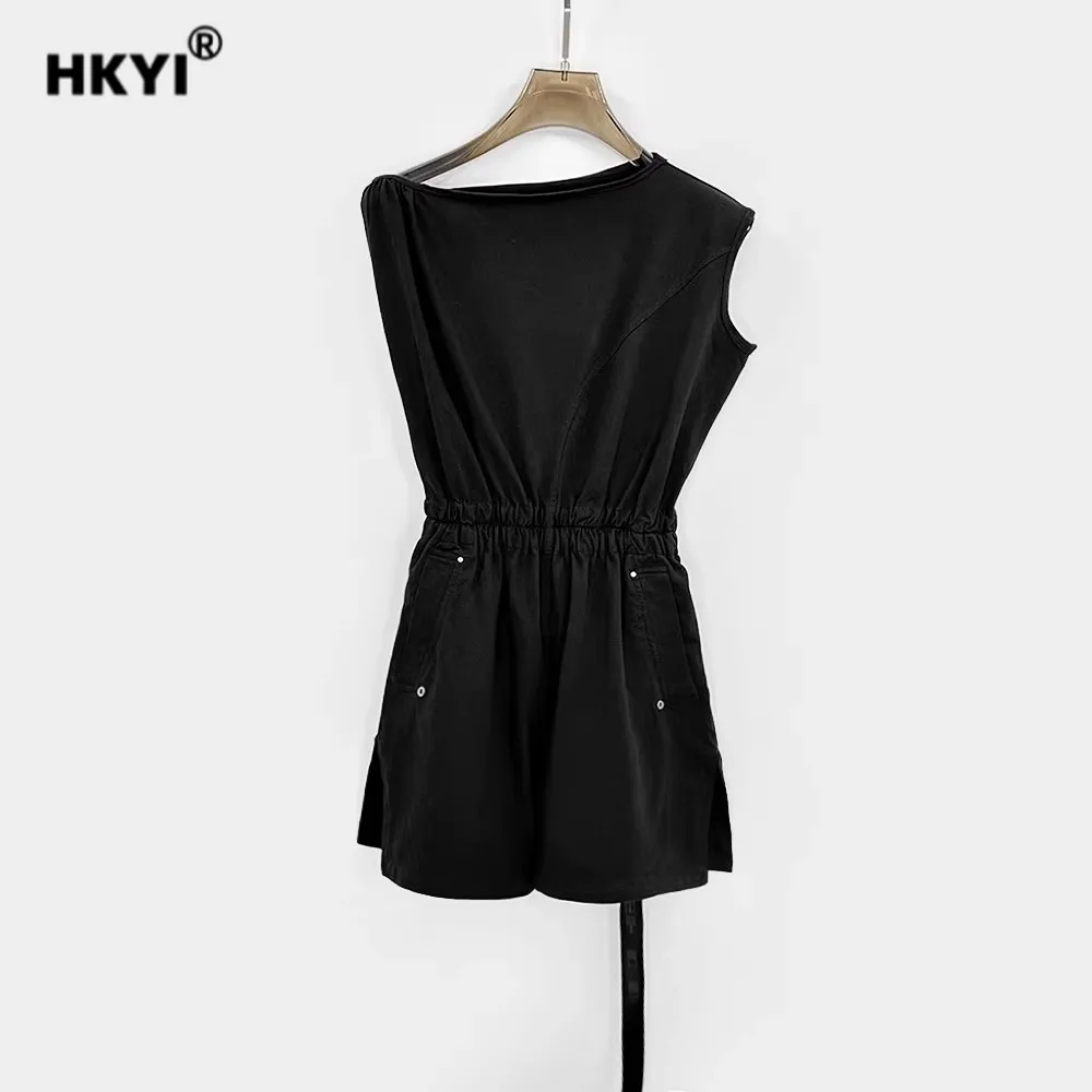 HKYI Women's Summer Sleeveless One Shoulder Waist Knitted jumpsuit Shorts Top Set