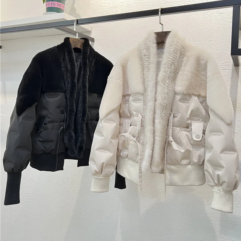 Winter Luxury Real Mink Fur Collar Down Jacket Women Puffer Coat Oversized Feather Outerwear