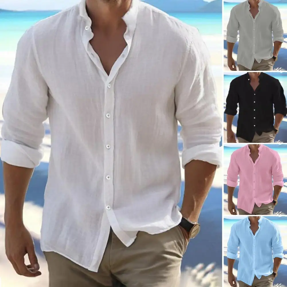 

Front Button Beach Shirt Stylish Men's Stand Collar Cardigan for Casual Office Wear Button-down Long Sleeves Loose Fit Mid