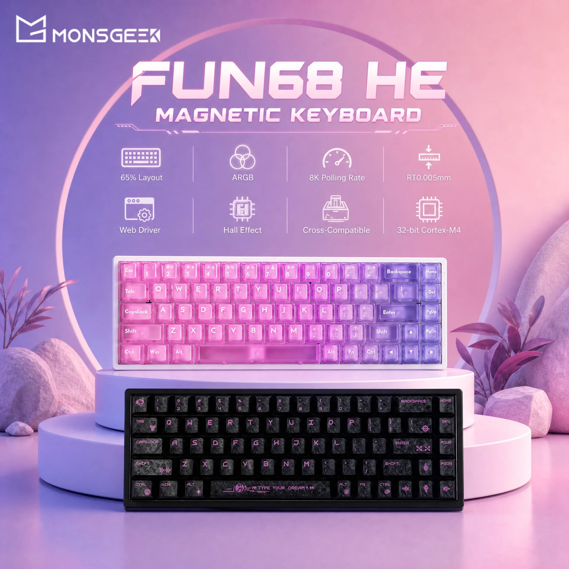 MonsGeek FUN68 HE Magnetic Keyboard 65% Rapid Trigger 0.005mm 8000Hz Polling Rate ARGB Type-C Wired Gaming Gamer Custom Keyboard