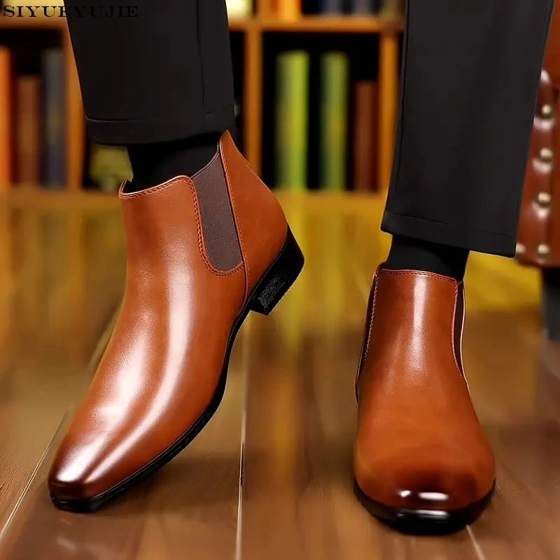 Elegant Simple Men Leather Boots Long Tip Square Toe British Chelsea Boots for Men Formal Business Misalwa Luxury Shoes Spring