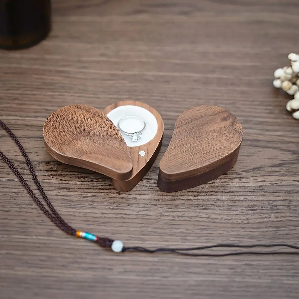 Heart Shape Engagement Ring Box Walnut Wood Magnetic Cover Earring Storage Box Durable Reusable Wooden Jewelry Box Ear Stud