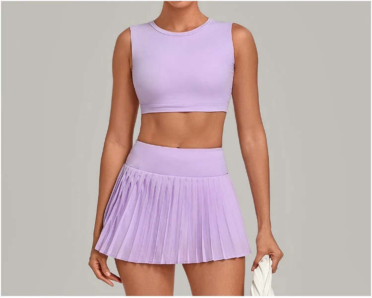 VITALINOVO Tennisrock-Sets für Damen, Rundhals-Camisole-Oberteil, passend dazu hochtaillierter, plissierter Sportrock für Damen, ideal für Tennis, Golf und Workouts – Detail 10