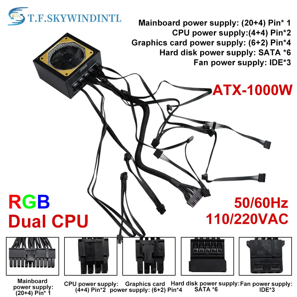 Imagem -06 - Skywindintl Fonte de Alimentação 1000w Pfc Ativo 80 Plus Atx Fonte de Alimentação para Computador de Mesa de Jogos Cpu Dupla t. f.