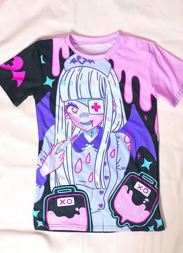 2026 Summer Harajuku Style Girl Print T-shirt Adult Anime Style Loose Large Size Short Sleeve Kids Cute Y2k Role-playing Shirt