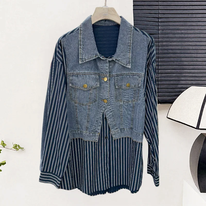 

SuperAen Design Denim Patchwork Shirt Women Loose Fashion Contrasting Colors Striped Spring and Autumn New Casual Tops