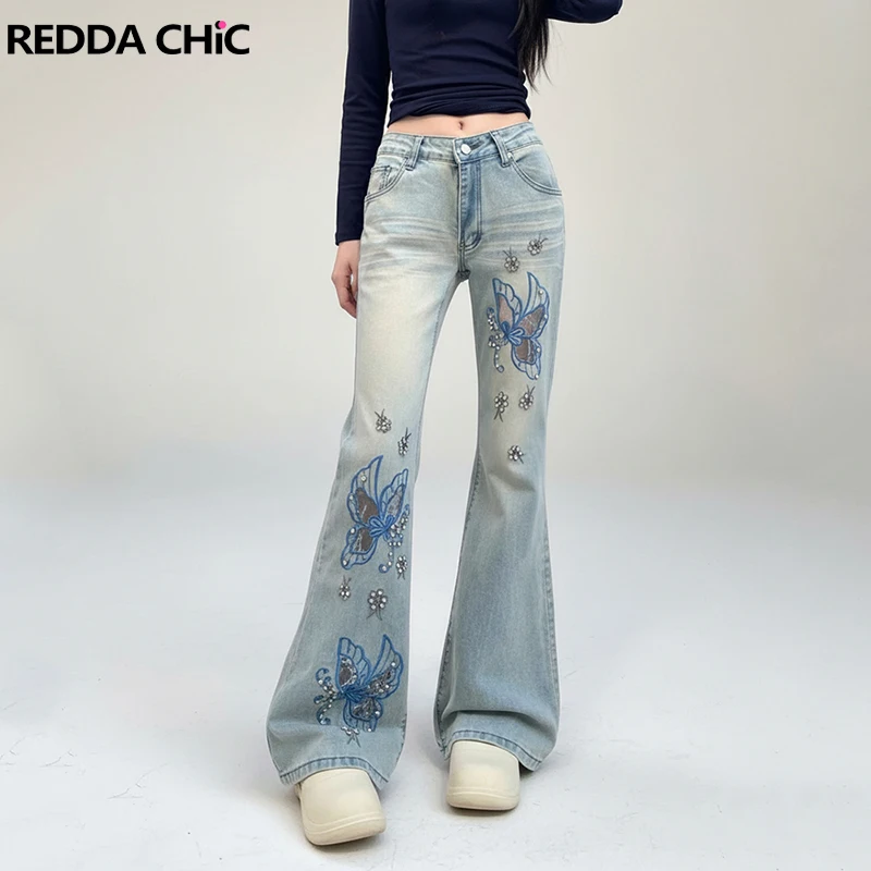 

REDDACHiC Women Butterfly Embroidery Flare Jeans Hotties Diamond Glitter Wash Slim Low Waist Denim Pants New In Y2K Streetwear