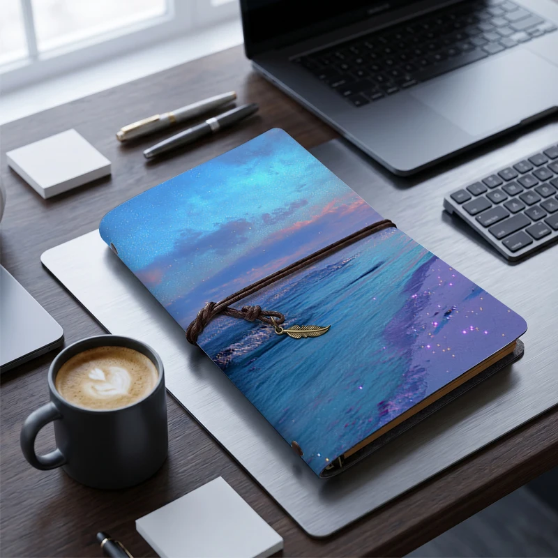 

Sunset Beach Landscape PU Leather Journal Notebook - Sparkly Ocean Waves Print, Feather Charm Tie Closure A6 Travel Diary