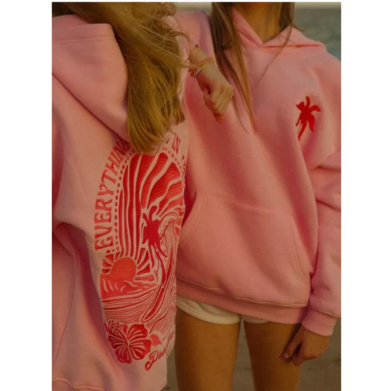 PINK PALM PUFF Embroider Women Sweatshirt Soft Casual Loose Vintage Female Hoodies 2024 Winter Warm Fleece Student Tops