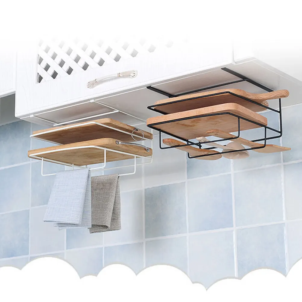 

Double-Deck Wall-Mount Cutting Board Rack Iron Chopping Board Holder Towel Holder Drip Tray Kitchen Storage Organizer Black