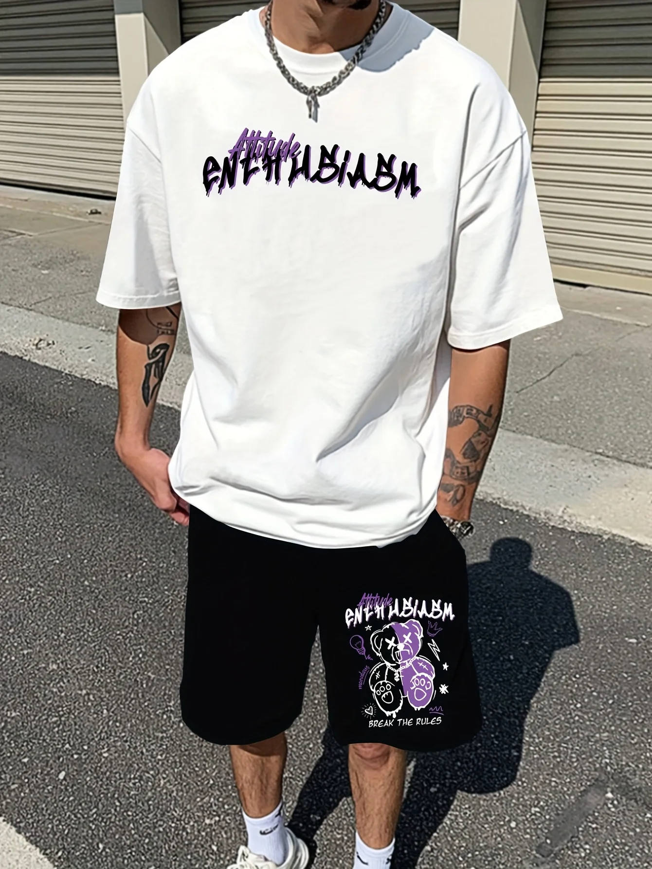 

2025 Summer New street casual Fashion 3D graffiti bear print soft comfortable breathable light and quick-drying men's set