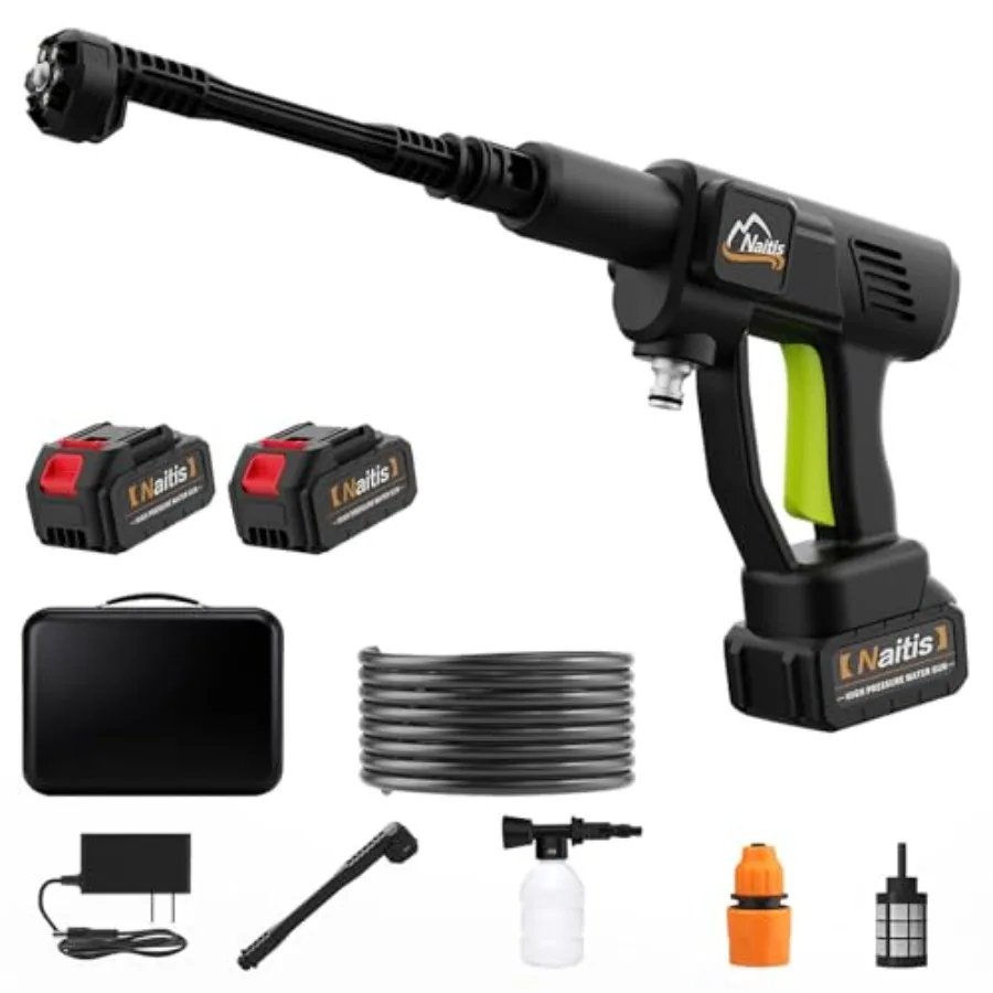 1200 PSI Portable Pressure Washer 21V Cordless with 2×4.0Ah Batteries and 40 Mins Runtime 9Bar High Pressure 6-in-1 Nozzle and