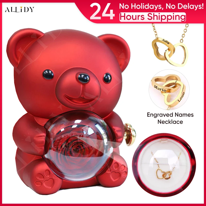 2025Hot Eternat Rose Teddy Bear Gift Box with Custom Diy Necklace Jewelry Set Valentine's Birthday Holiday Gift Back School Gift