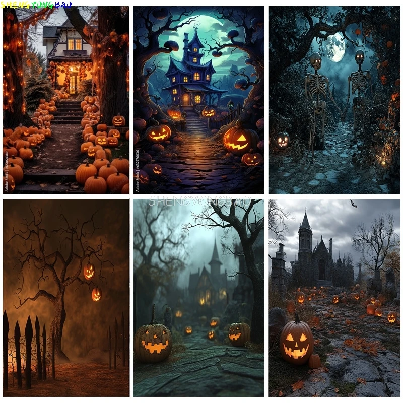 

Pumpkins Halloween Day Spooky Backdrop Props Lanterns Cobwebs Creepy Wicked Eerie Evil Scary Dark Night Forest Background JS-11