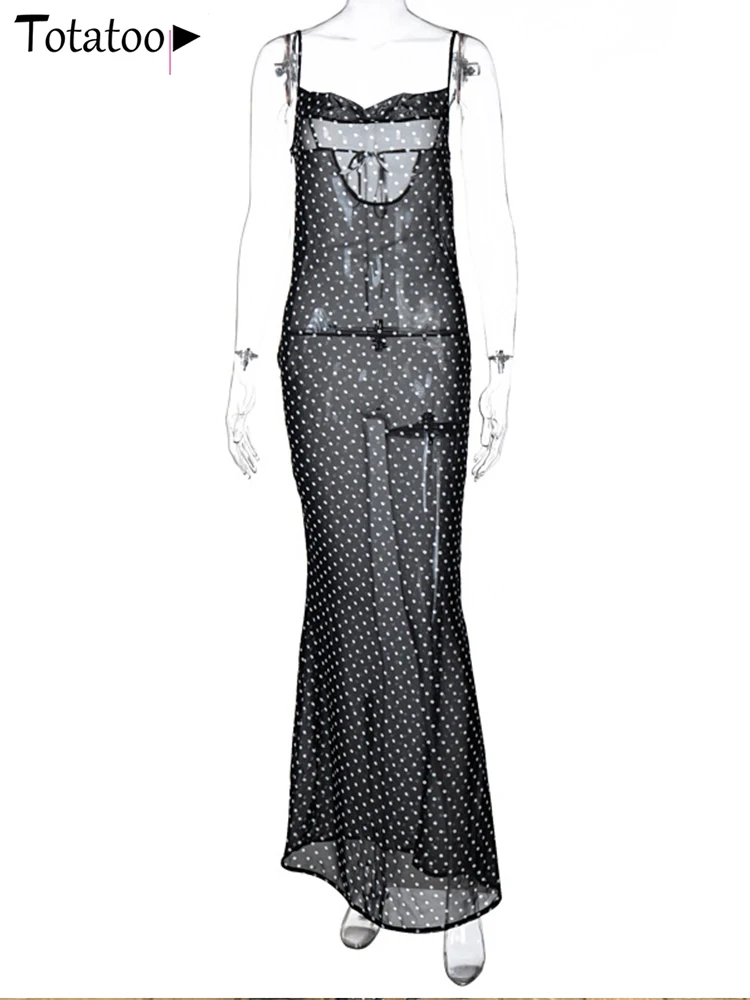 Vestido de playa transparente con estampado de lunares para mujer, traje de baño sin mangas, vestido largo para cubrir Bikini, tirantes de verano 2024