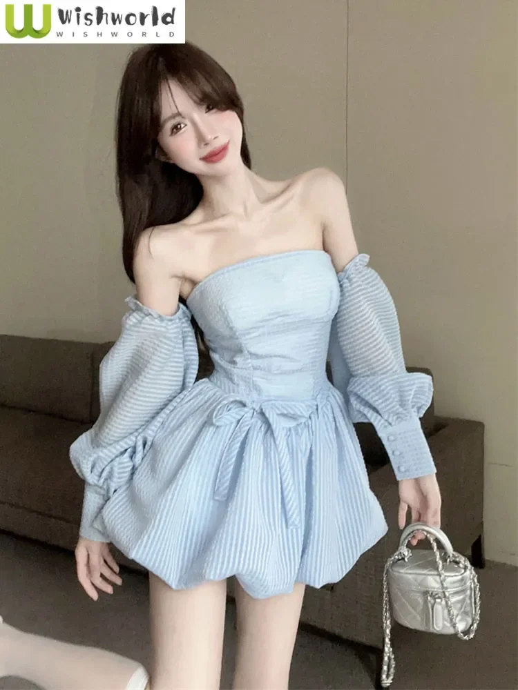 

French Strapless Dress for Women's Spring and Summer Temperament High-end and Sexy Backless Princess Puffy Dress Shorts Set