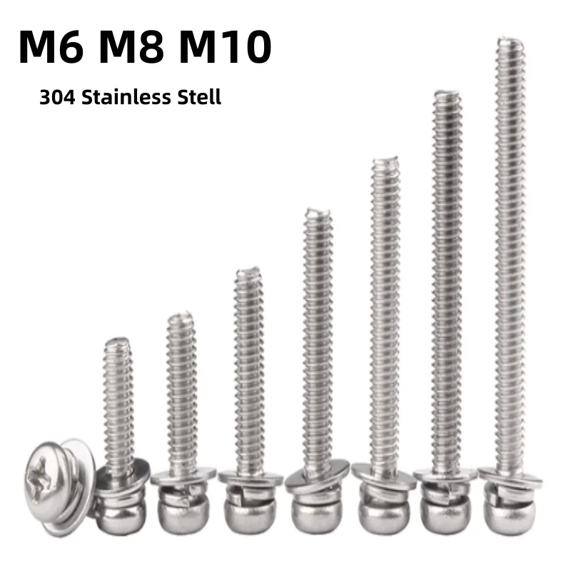 M6 M8 M10 304 Stainless Stell Recessed Pan Screw, Spring Lock Washer And Plain Washer Assemblies