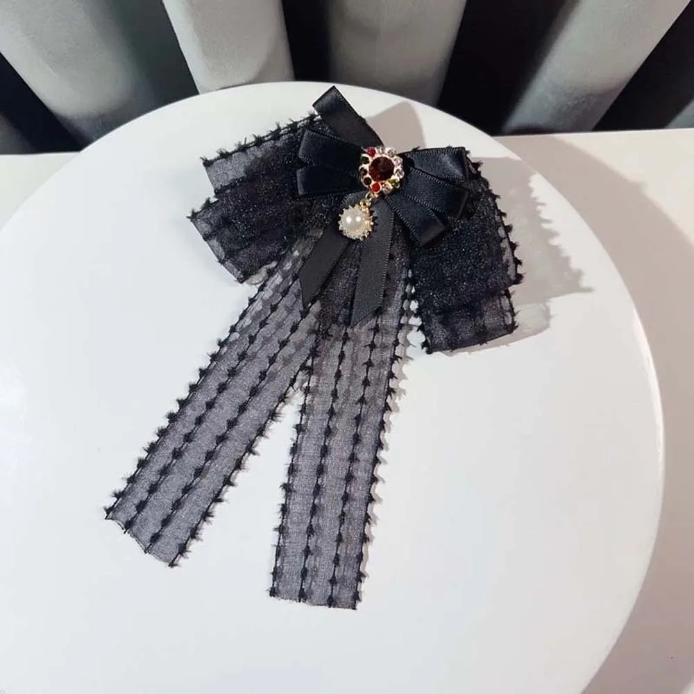 أنيقة حجر الراين اللؤلؤ التعادل شرابات الأسود اليد مطرز الدانتيل ربطة العنق بروش هندسية الديكور قميص التعادل الطلاب #2