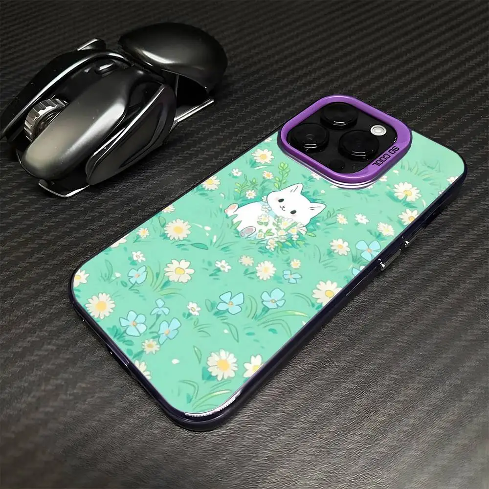 Cartoon weiße Katze im Rasen Handyhülle für iPhone 16,15,14,13,12,11, Mini, Pro, MAX Lila Matte stoßfeste Abdeckung