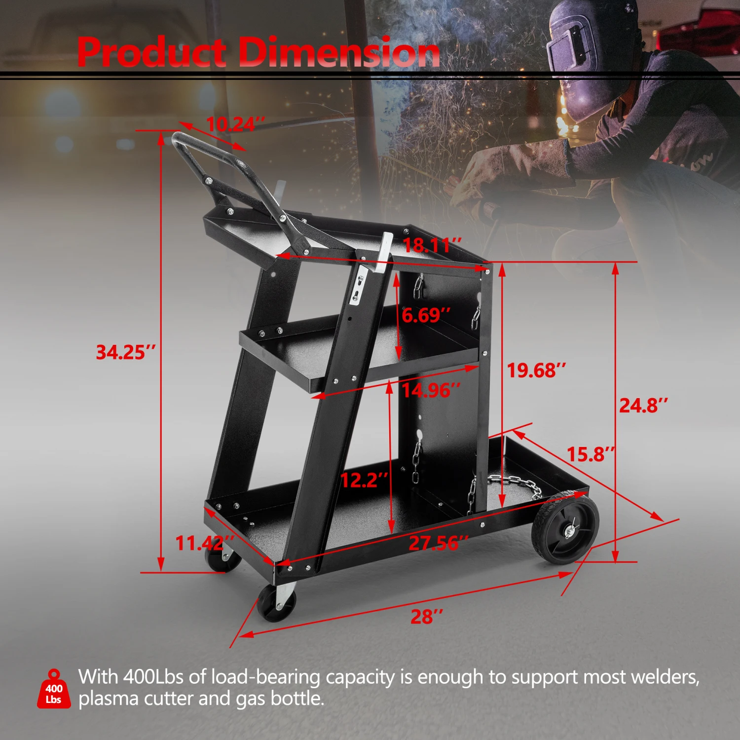 Welding Cart, Heavy Duty 3-Tier Welder Cart with 400Lbs Capacity, 360° Swivel Wheels, Tank Storage Safety Chains, Rolling MIG W