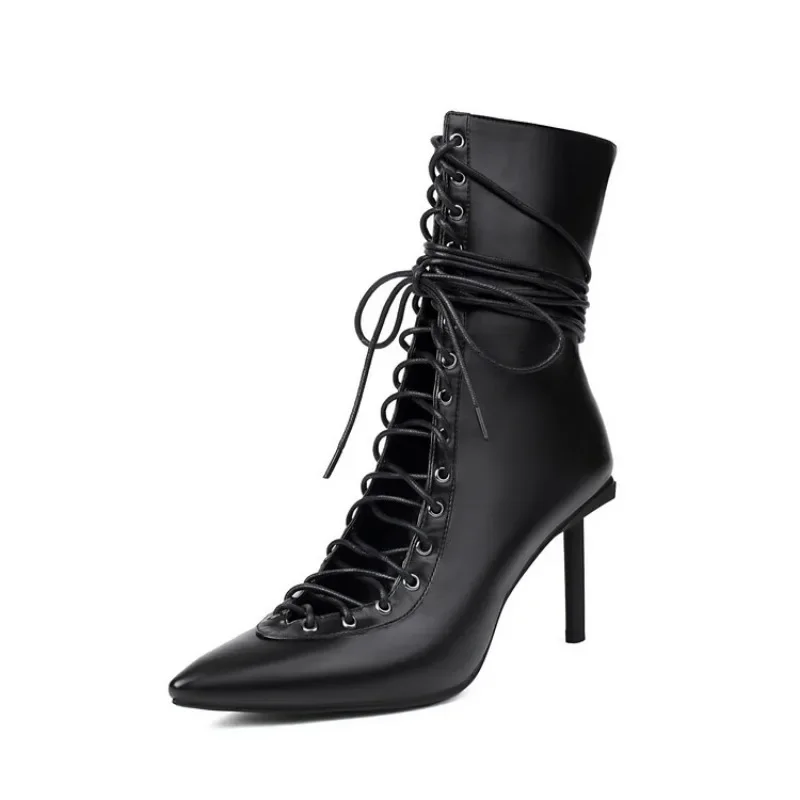 Bota curta picante para mulheres, design de marca, alça cruzada, preto e vermelho, sexy, moda outono e inverno, tamanho 33-46