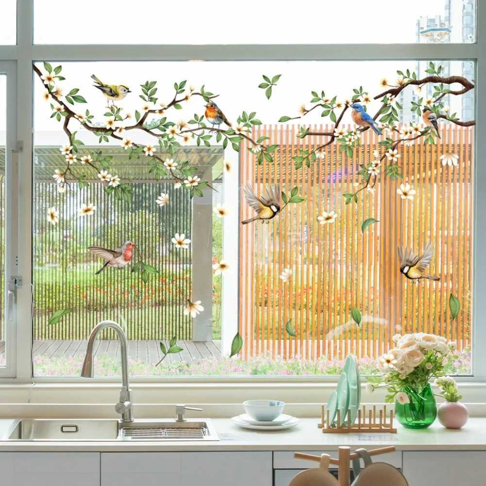 Artistic for static Cling Window Decal Featuring Balanced Floral and Bird Branch Composition for Indoor Decoration