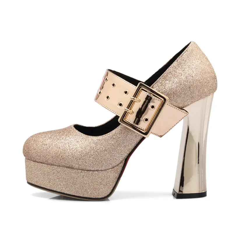 Elegant Silver Gold Bling Mary Jane Chunky High Block Heels Women Pumps Round Toe Glitter PU Sexy Buckle Office Party Lady Shoes