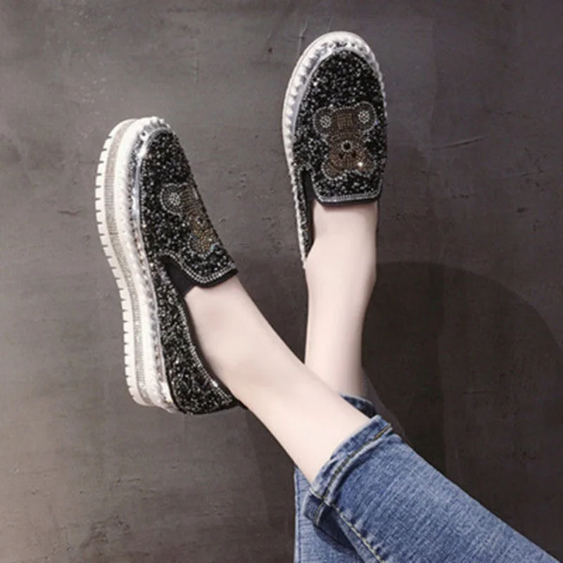 Autumn Women Thick Bottom Sneaker Running Fashion Designer Woman Shoes Trend 2024 Casual Canvas Mirror Luxury Rhinestone Spring