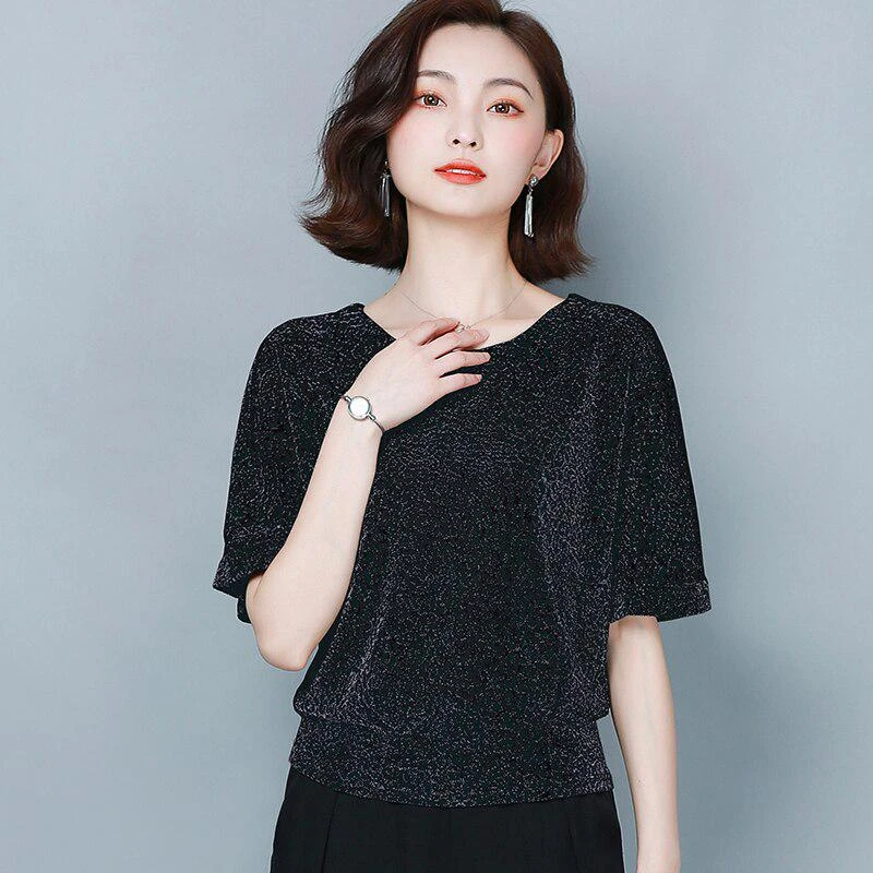 Summer Red Black Shine Women Blouses Women Shirts Glitter Woman Shirt Loose Tops Fashion Elegant Shiny Sequin Blouse 9197