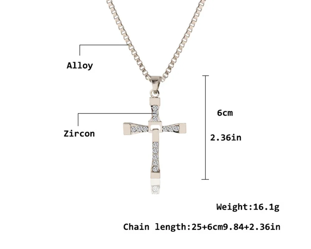 New Fast and Furious 7 Moive Cross Tourette Necklace Dominic Toretto Crystal Jesus Cross Pendant Necklace For Men Gifts Jewelry